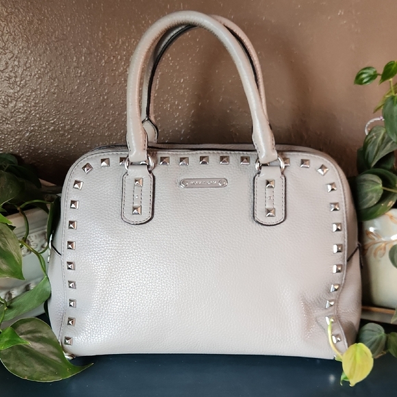 Michael Kors Handbags - Michael Kors Sandrine Light Gray Studded Pebble Leather Satchel